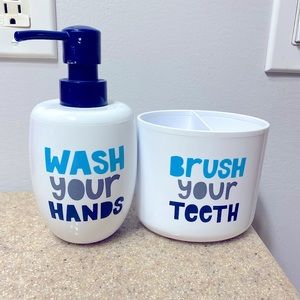 Soap dispenser and toothbrush holder set